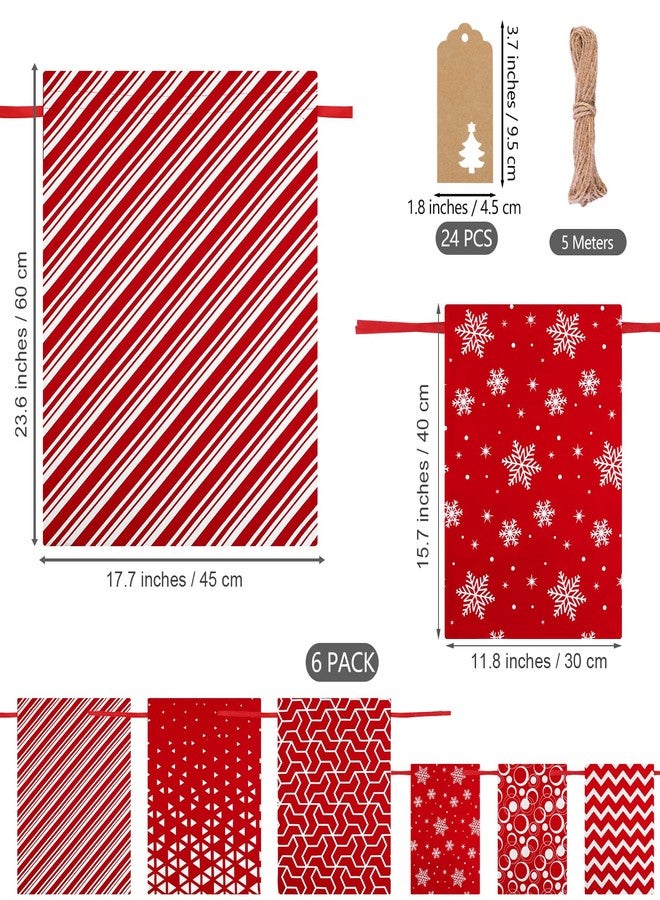 Mimind 6-Piece Christmas Drawstring Gift Bags - Red & White Cotton Fabric, Reusable Party Favor Bags (6 Designs, 2 Sizes) - Image 2